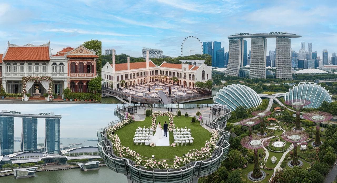 Collage of Singapore wedding venues — heritage shophouse, rooftop ceremony with MBS view, and Gardens by the Bay