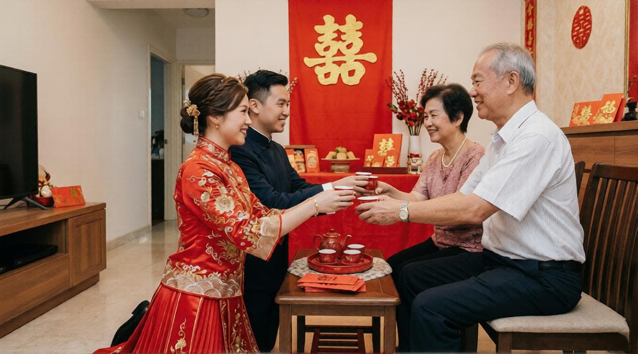 Bride and groom serving tea to parents during a Chinese wedding tea ceremony in Singapore