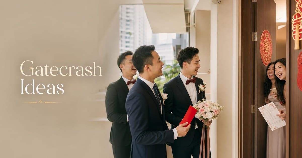 Bride laughing behind a door while groom and groomsmen take on elegant gatecrash games in a Singapore home