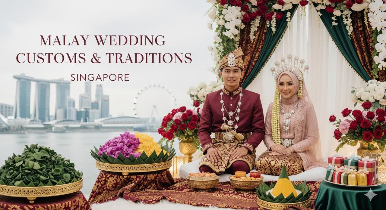 Malay wedding couple in traditional attire seated at a beautifully decorated pelamin with Singapore skyline in the background