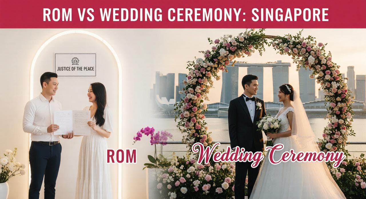 ROM vs Wedding Ceremony in Singapore — side-by-side comparison of a ROM solemnization and a full wedding ceremony
