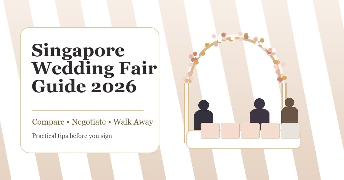 Couple comparing wedding fair brochures at a Singapore bridal expo