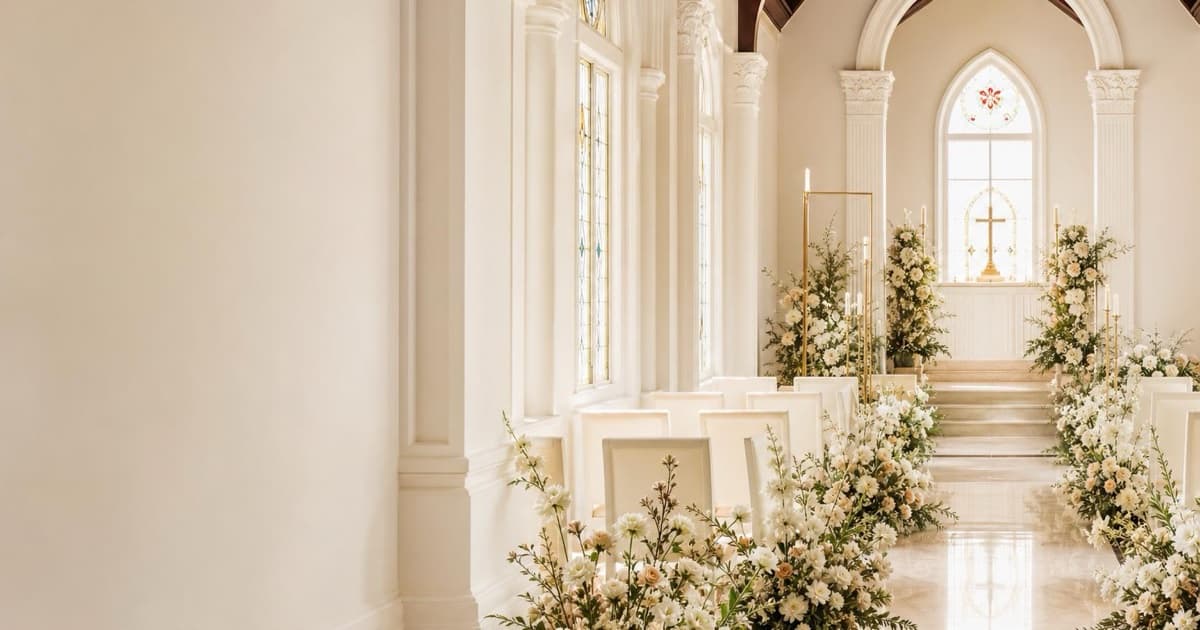 Elegant Singapore chapel-style wedding ceremony with stained glass, white florals, aisle chairs and warm editorial lighting
