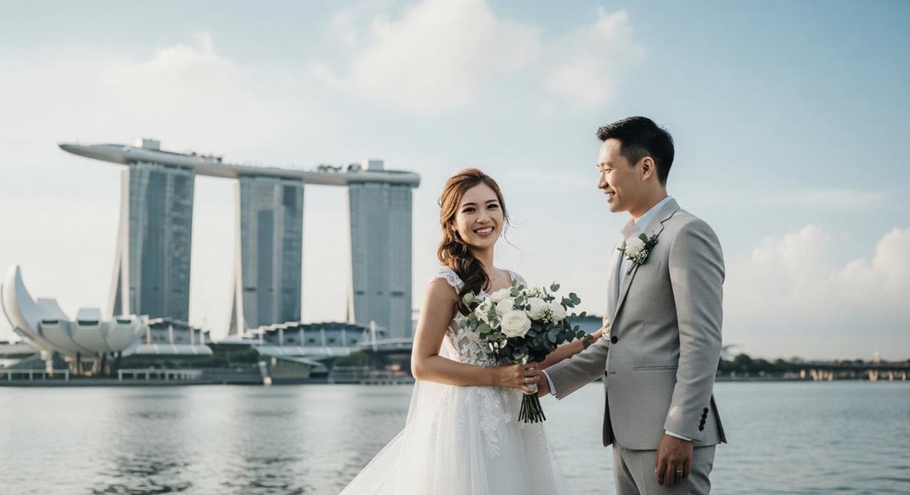 Bride and groom posing with bouquet at Marina Bay waterfront with MBS in background
