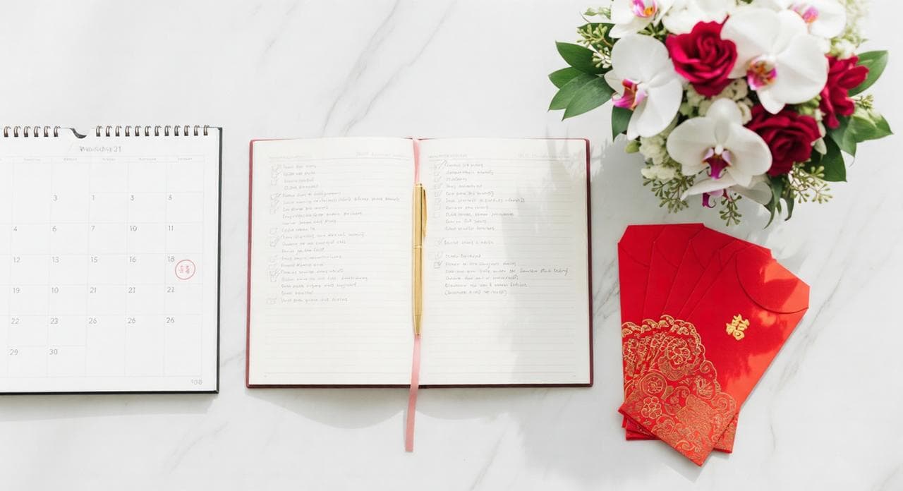 Wedding planning flatlay with calendar, handwritten checklist notebook, red ang bao packets, and floral bouquet