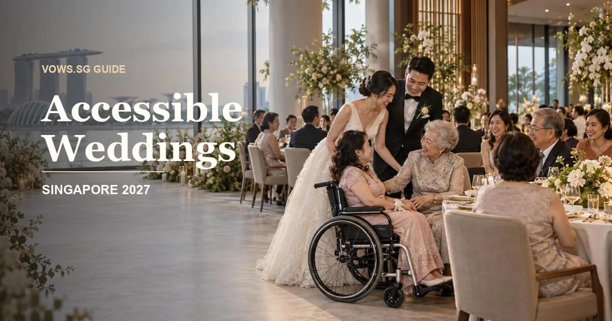 Illustration of a couple greeting a wheelchair user and older guests at a Singapore wedding, with Accessible Weddings Singapore 2027 text