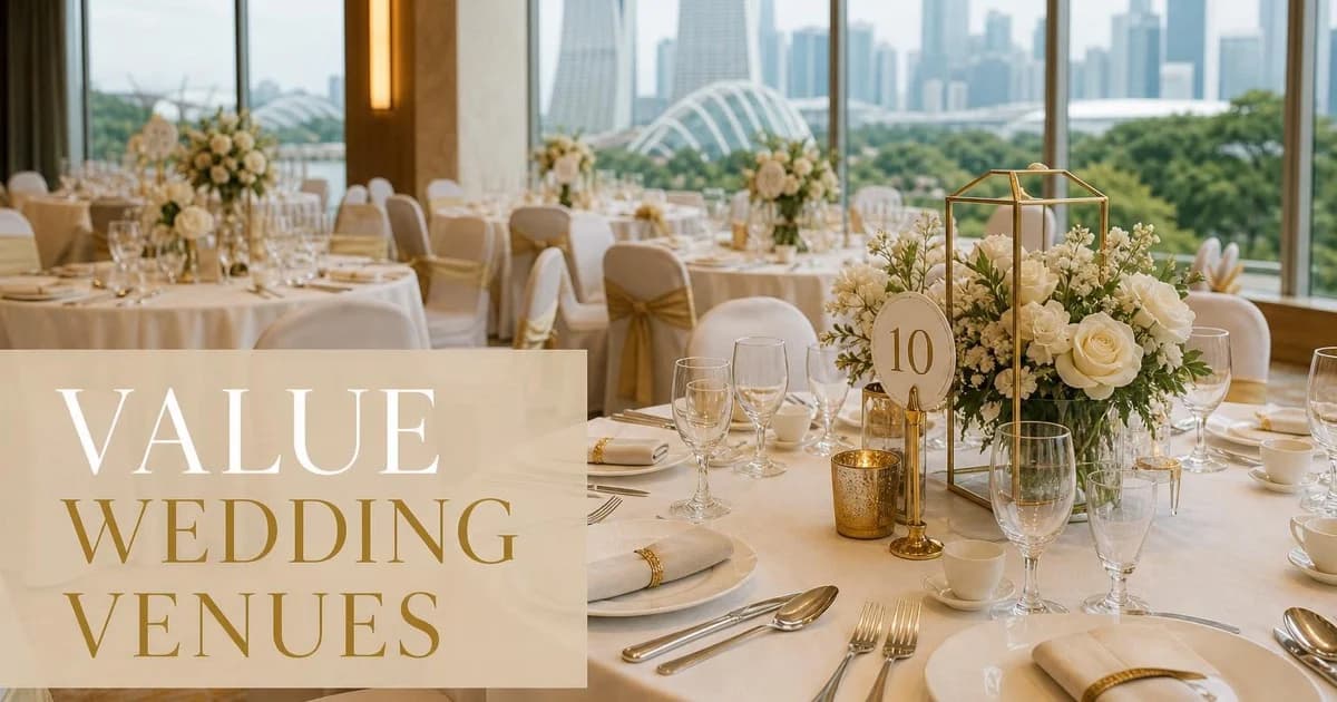 Elegant affordable Singapore wedding banquet setup with warm florals and city hotel styling