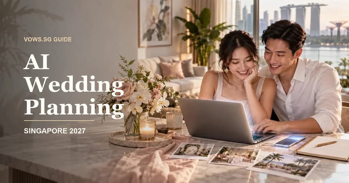 Couple planning on a laptop beside Singapore skyline, with AI Wedding Planning Singapore 2027 title