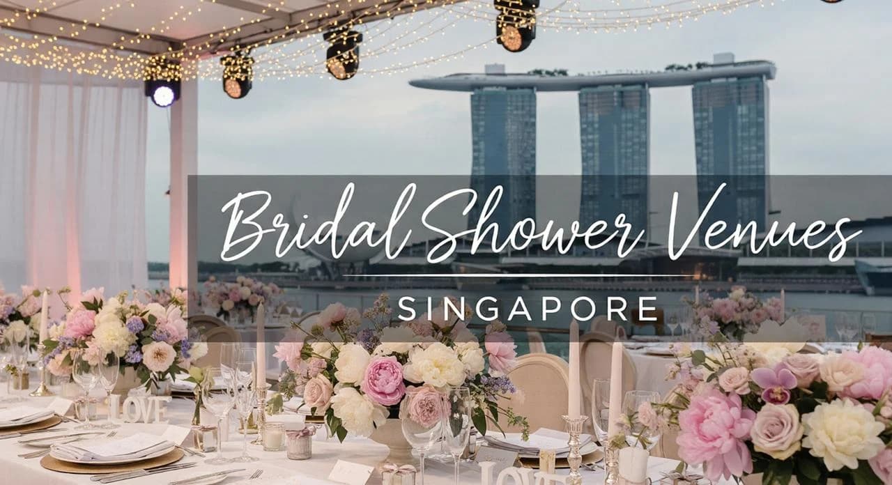 Friends celebrating a bridal shower with decorations and champagne in Singapore