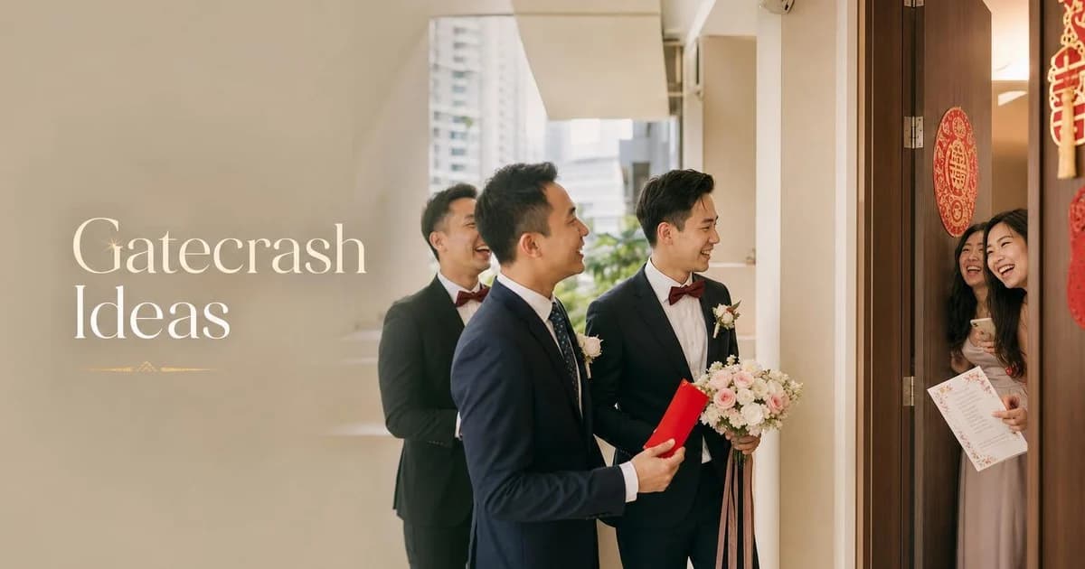 Bride laughing behind a door while groom and groomsmen take on elegant gatecrash games in a Singapore home
