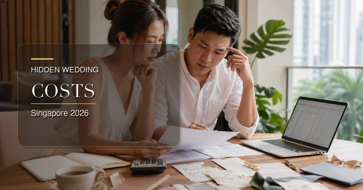 Couple reviewing wedding budget papers with calculator on table