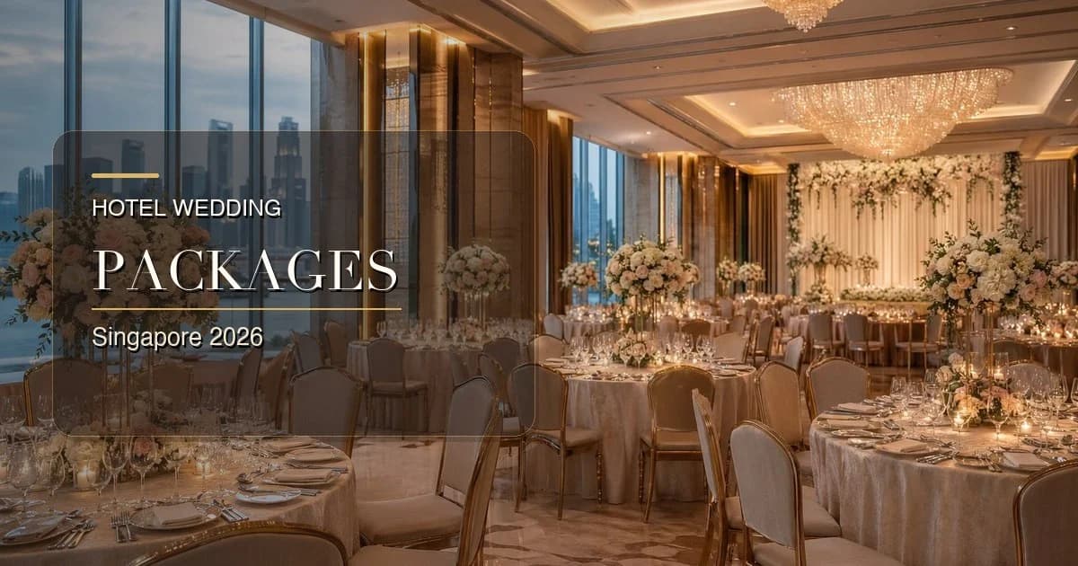 Elegant Singapore hotel ballroom set up for a wedding banquet with floral centerpieces