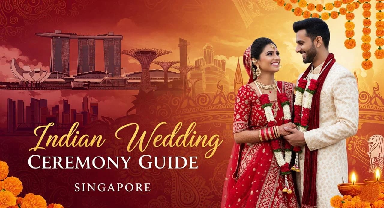 Bride and groom performing sacred rituals around the ceremonial fire at an Indian wedding in Singapore