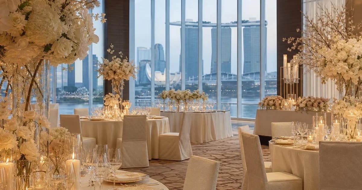Elegant luxury hotel wedding ballroom in Singapore with cream florals, gold table settings and a city skyline view