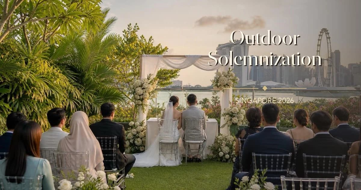 Outdoor solemnization setup in Singapore with garden aisle, floral arch, guests and Marina Bay skyline