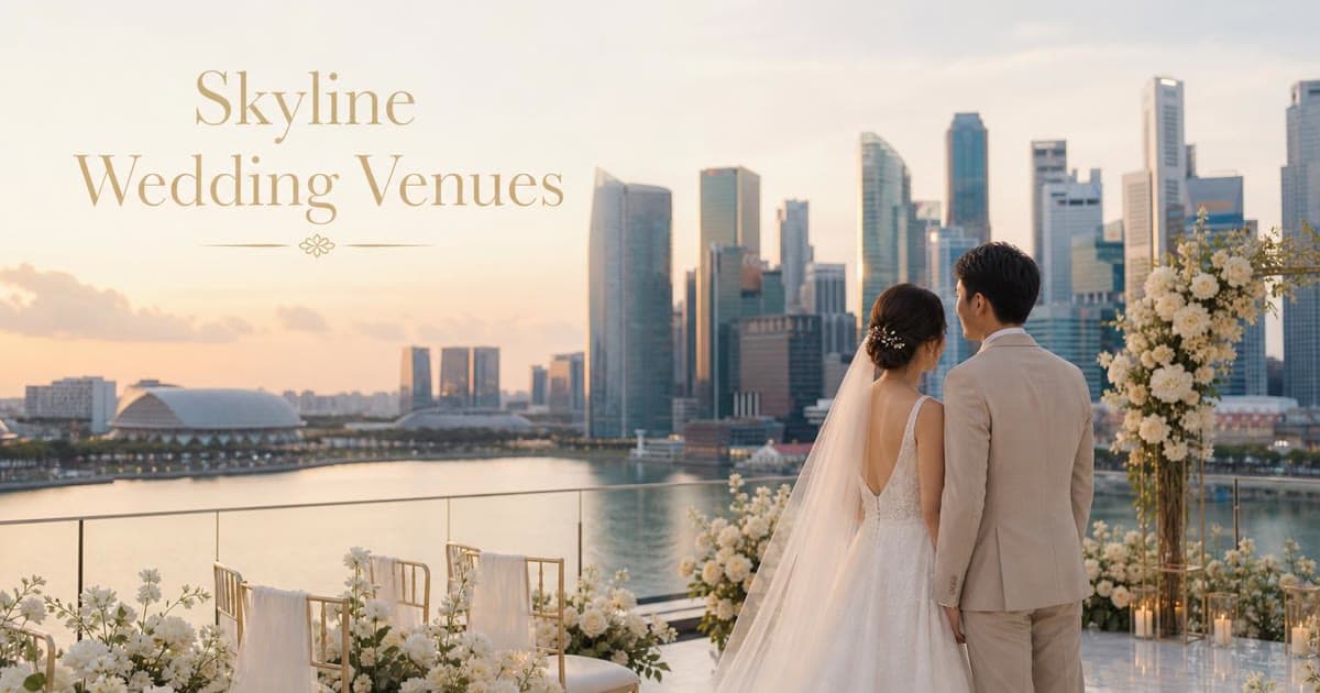 Elegant rooftop waterfront wedding solemnisation in Singapore at sunset with skyline views, cream florals and seated guests