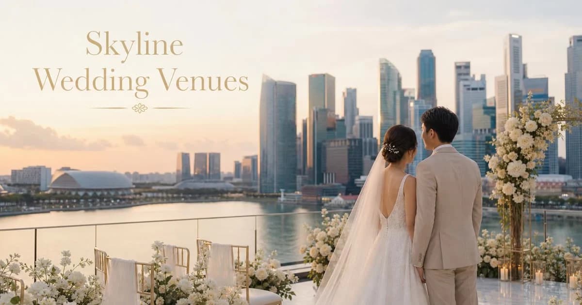 Elegant rooftop waterfront wedding solemnisation in Singapore at sunset with skyline views, cream florals and seated guests