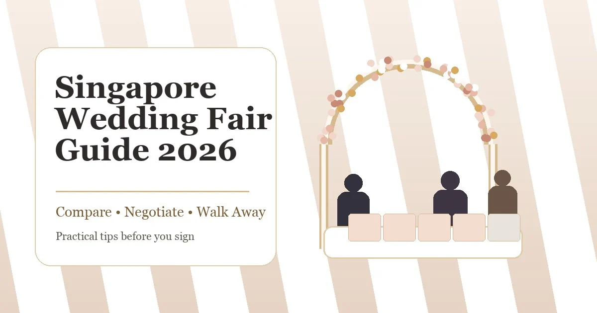 Couple comparing wedding fair brochures at a Singapore bridal expo
