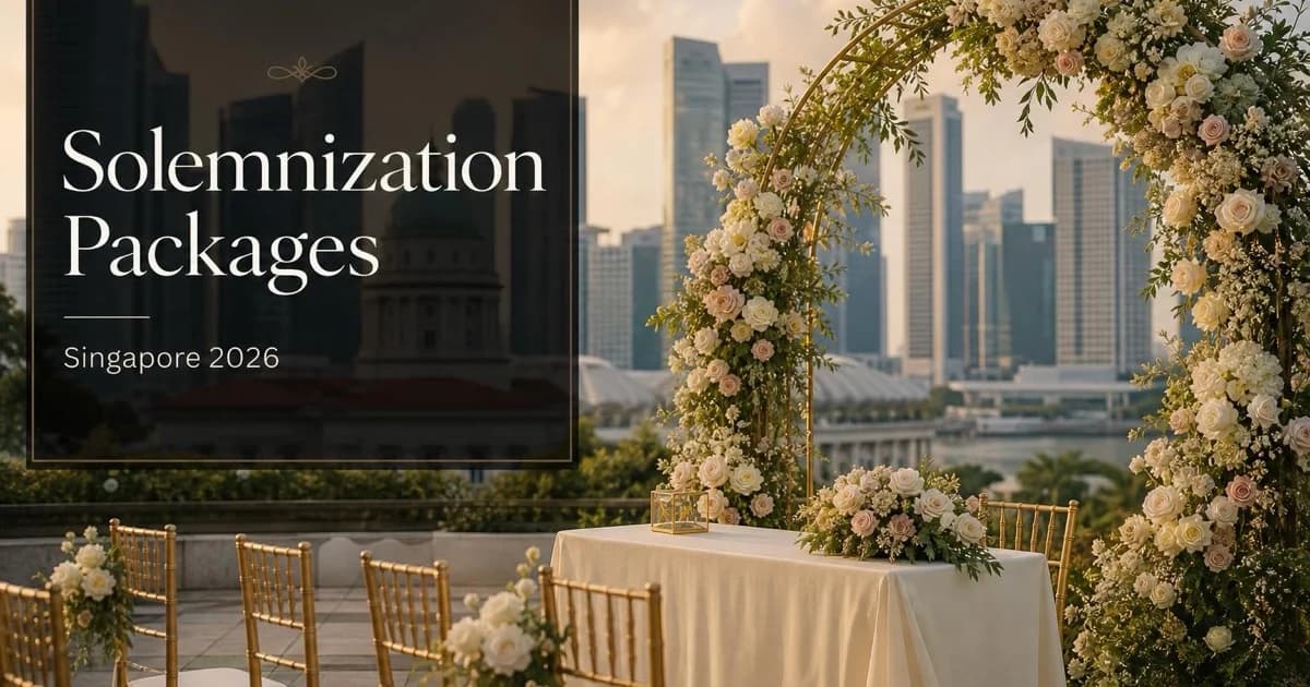 Elegant solemnization setup in Singapore with floral arch, signing table, and seated guests