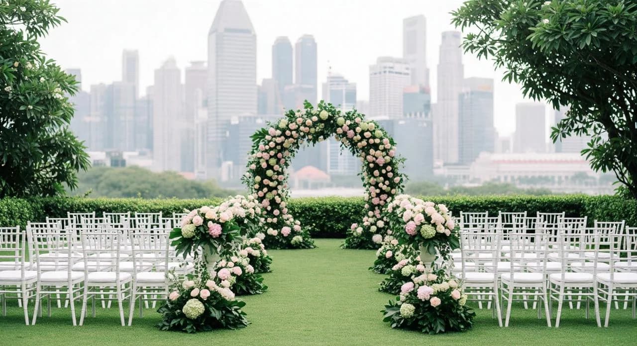 Outdoor garden solemnization with floral arch and white chiavari chairs overlooking Singapore skyline
