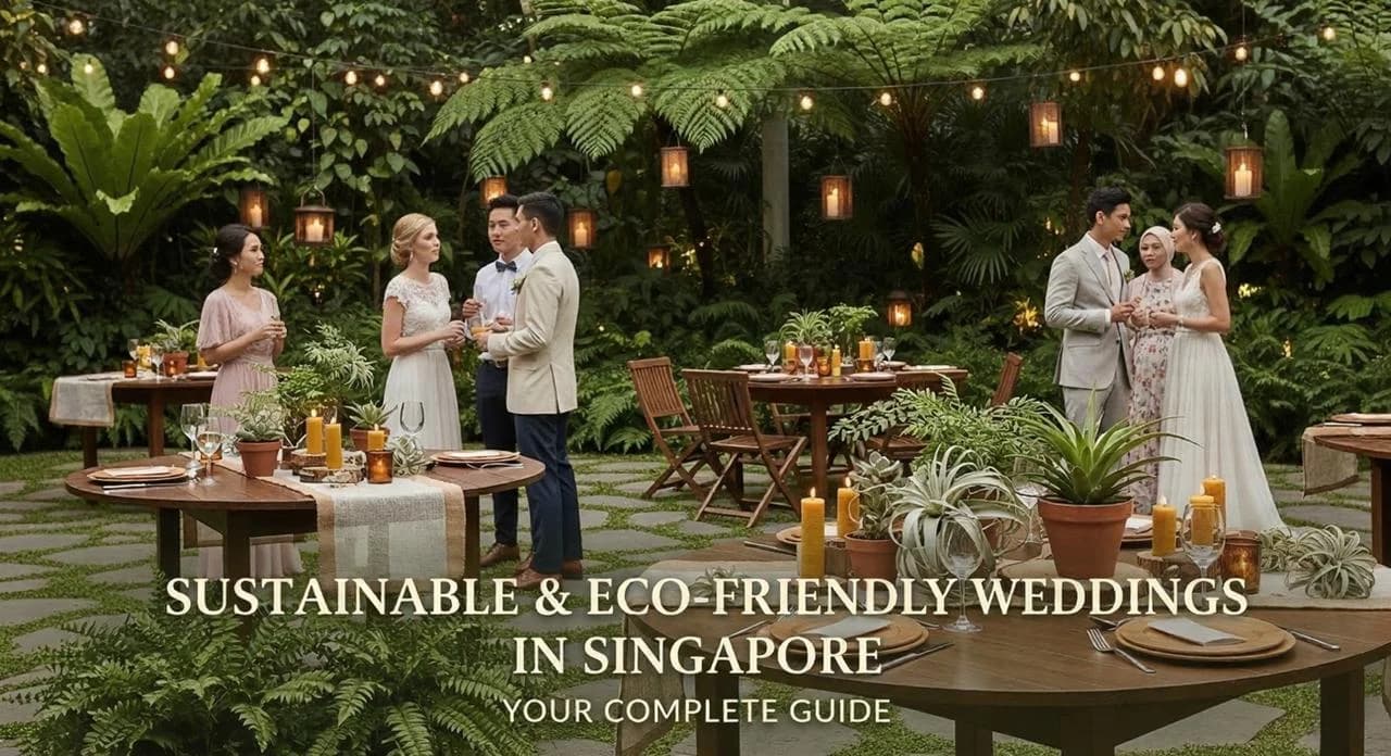 An eco-friendly outdoor wedding setup with lush greenery, reusable décor, and potted plant centrepieces in Singapore