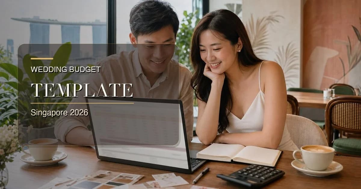 Couple reviewing wedding budget spreadsheet in Singapore café
