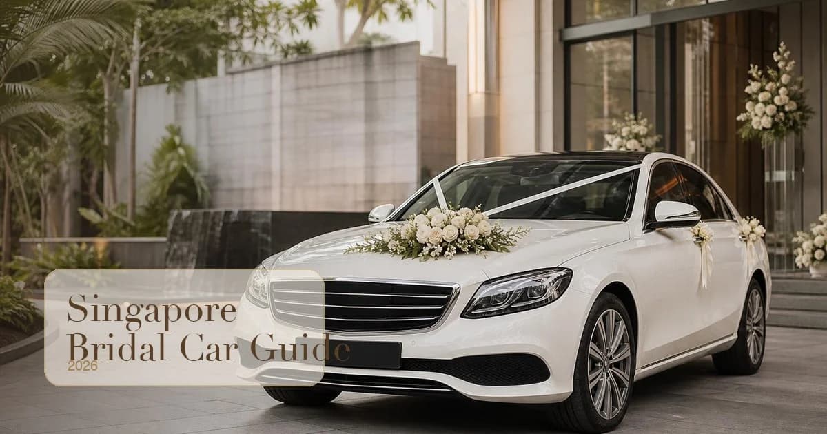 Elegant white bridal car with floral accents outside a Singapore wedding venue