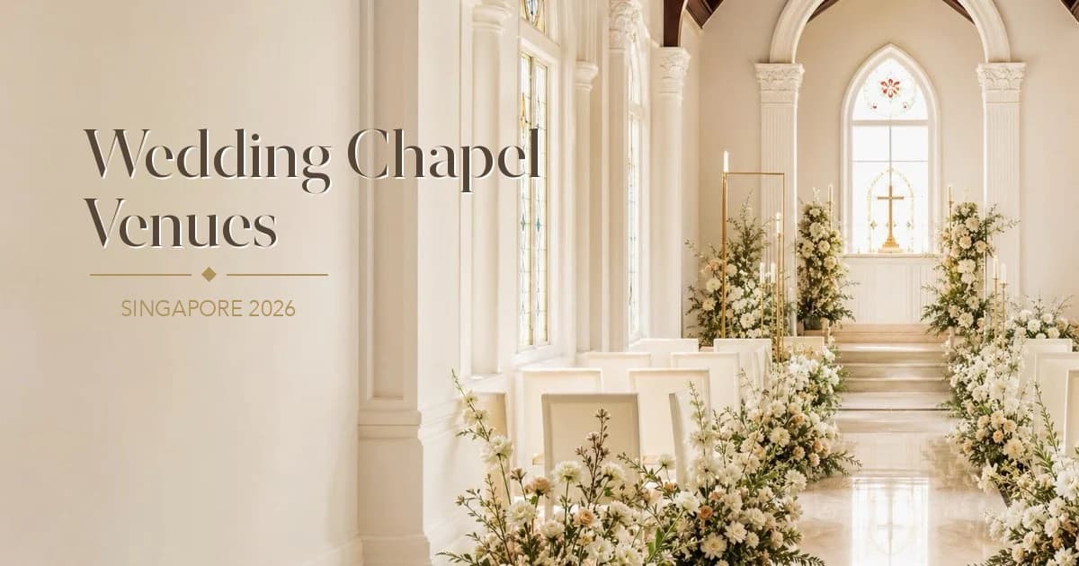 Elegant Singapore chapel-style wedding ceremony with stained glass, white florals, aisle chairs and warm editorial lighting