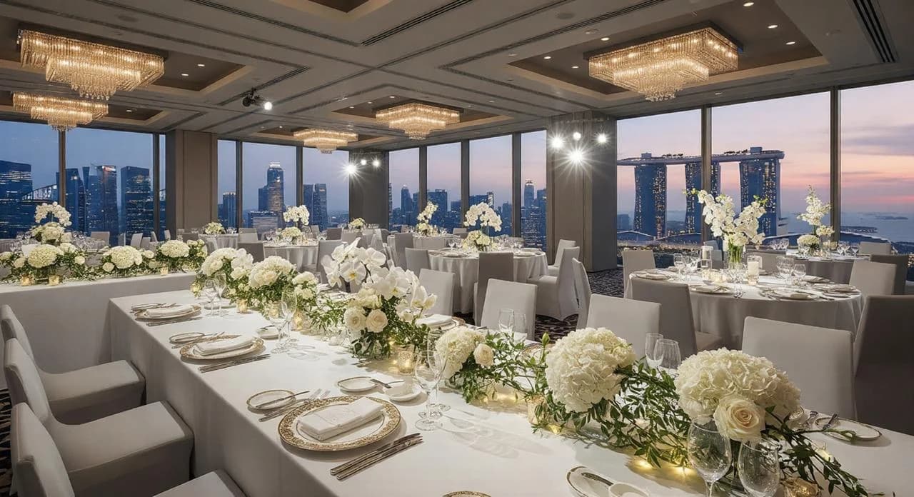 Luxury hotel ballroom wedding setup with crystal chandeliers and Marina Bay Sands view at sunset