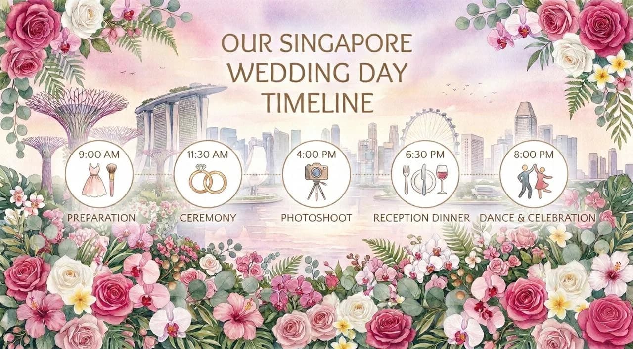 Couple reviewing their wedding day timeline schedule with their coordinator at a Singapore hotel ballroom