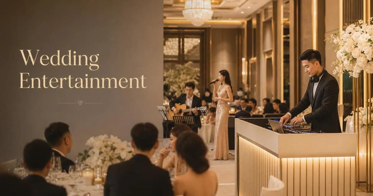 Elegant Singapore wedding reception with a DJ console, live performers and warm ballroom lighting