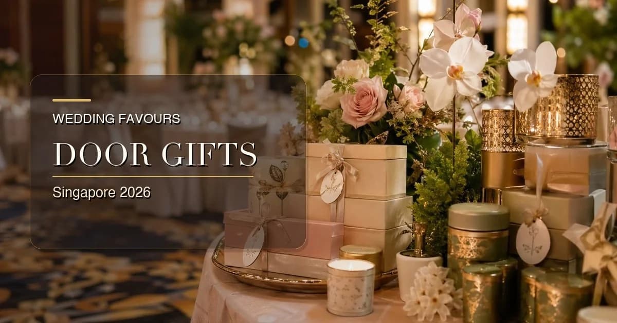 Wedding favours and door gifts beautifully arranged on a reception table at a Singapore wedding