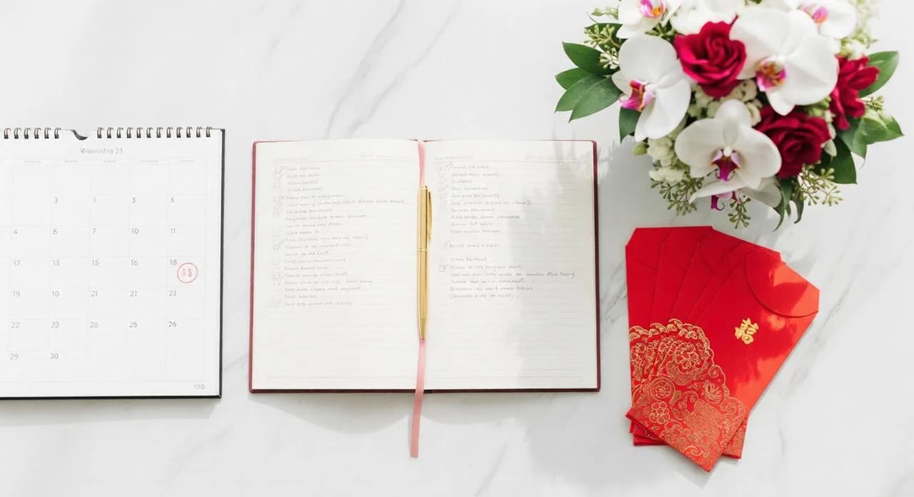 Wedding planning flatlay with calendar, handwritten checklist notebook, red ang bao packets, and floral bouquet