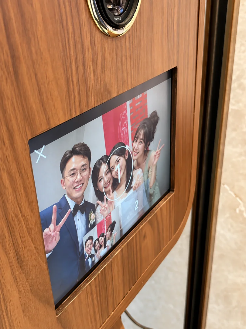 AI-generated illustration of guests on a wooden photo booth screen; not an actual event photo