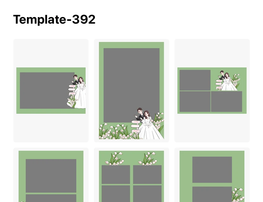 Green wedding print-template layouts with illustrated couple and floral details